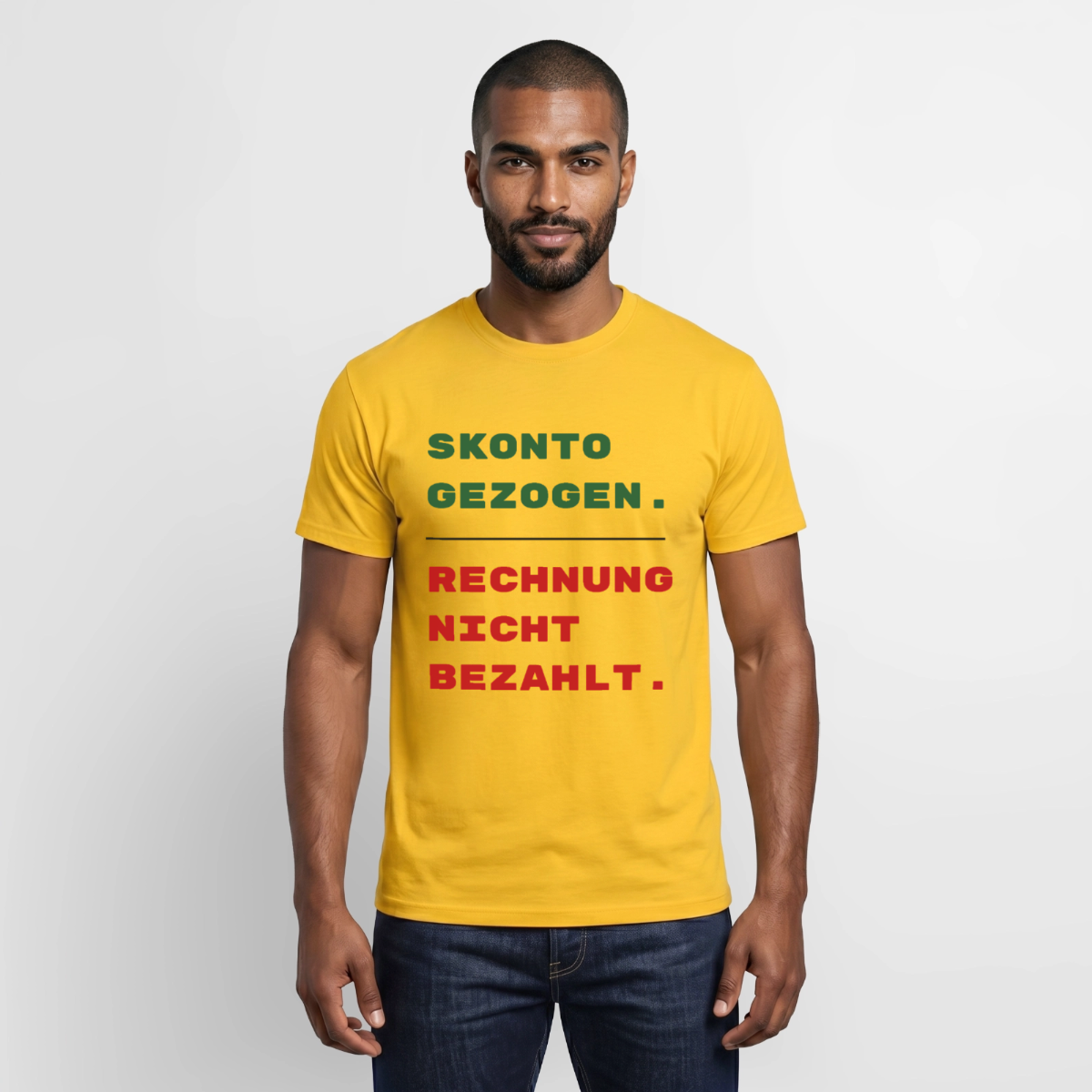 "Skonto gezogen. Rechnung nicht bezahlt." Motiv-T-Shirt für Männer, Farbe Gelb
