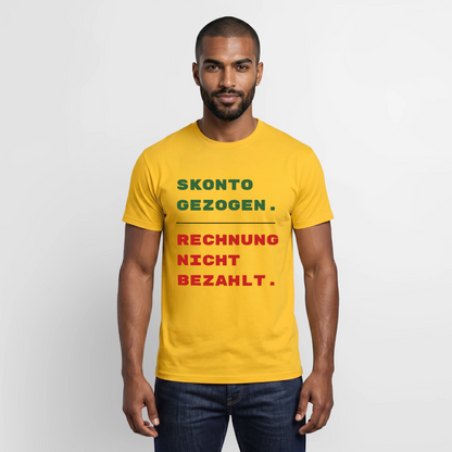 "Skonto gezogen. Rechnung nicht bezahlt." Motiv-T-Shirt für Männer, Farbe Gelb