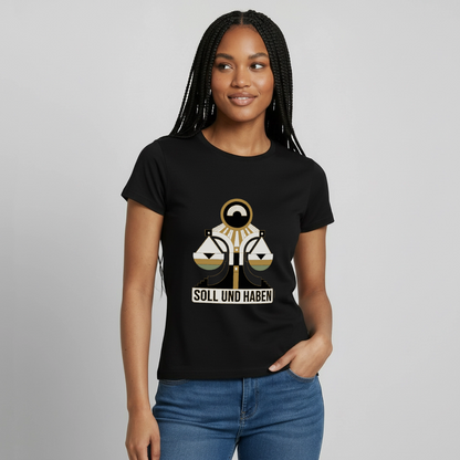 "Soll und Haben. Art-déco-Motiv" Motiv-T-Shirt für Frauen, Farbe Schwarz, Model