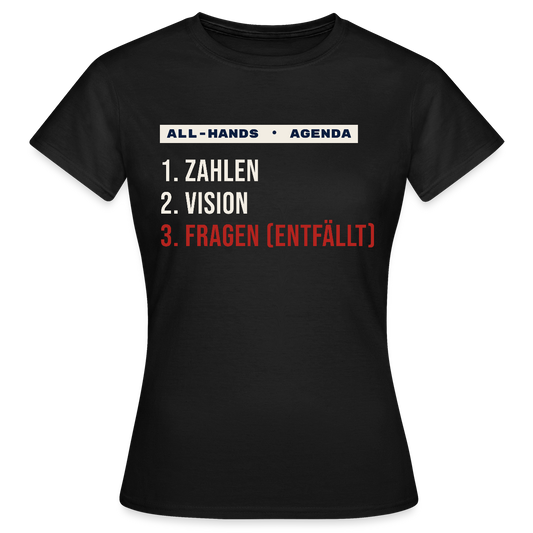 All-Hands-Agenda: 1 Zahlen, 2 Vision, 3 Fragen (entfällt) Motiv-T-Shirt für Frauen, Farbe Schwarz