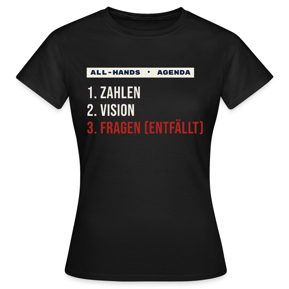All-Hands-Agenda: 1 Zahlen, 2 Vision, 3 Fragen (entfällt) Motiv-T-Shirt für Frauen, Farbe Schwarz