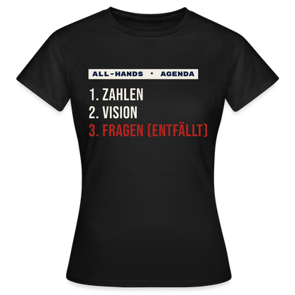 All-Hands-Agenda: 1 Zahlen, 2 Vision, 3 Fragen (entfällt) Motiv-T-Shirt für Frauen, Farbe Schwarz