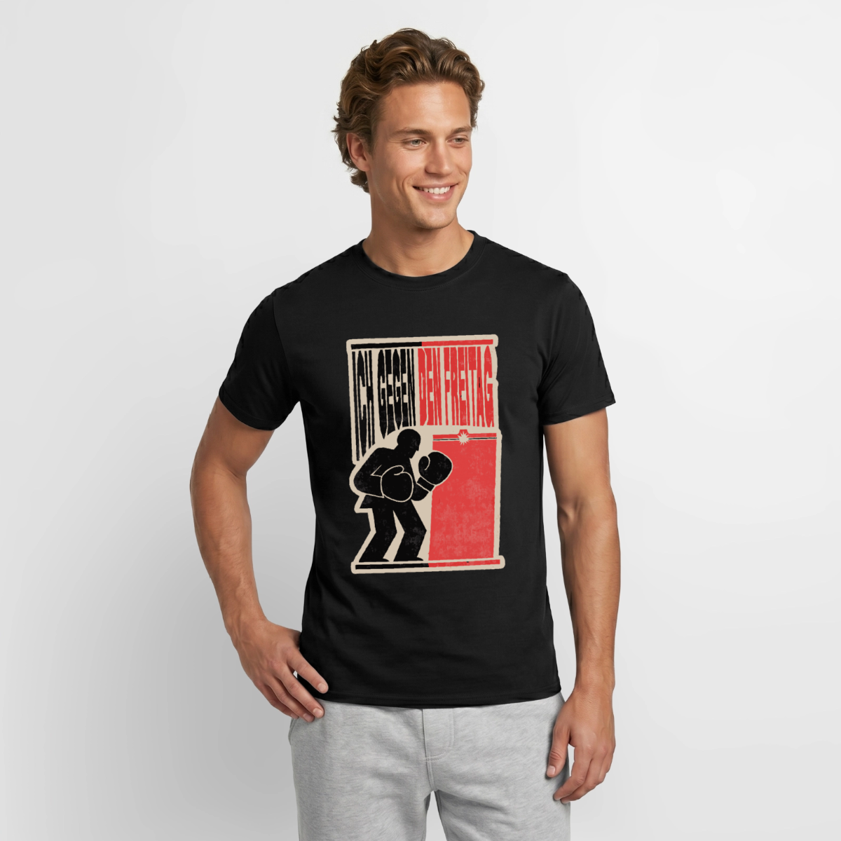 "Ich gegen den Freitag. Boxplakat-Motiv" Motiv-T-Shirt für Männer, Farbe Schwarz