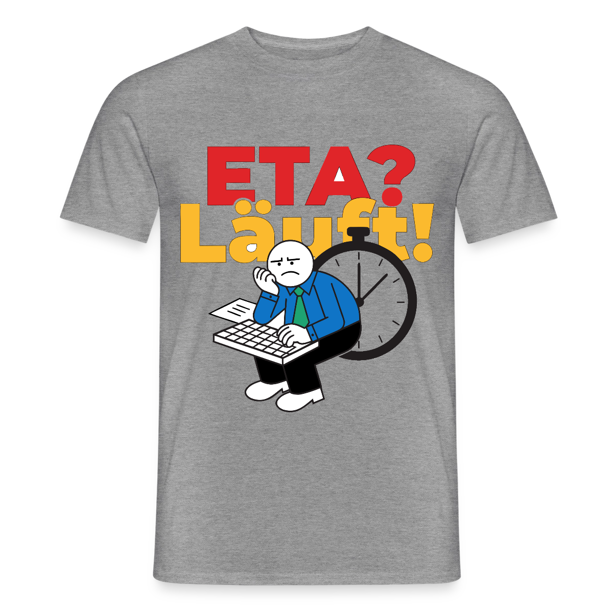 "ETA? Läuft! Strichfiguren-Motiv" Motiv-T-Shirt für Männer, Farbe Graphit meliert