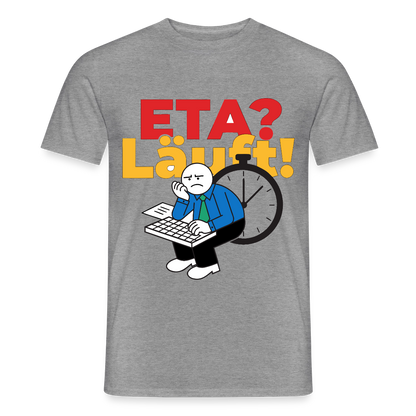 "ETA? Läuft! Strichfiguren-Motiv" Motiv-T-Shirt für Männer, Farbe Graphit meliert