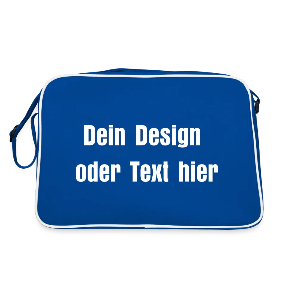 Retro Tasche mit Reißverschluss - personalisierbar - Blau/Weiß