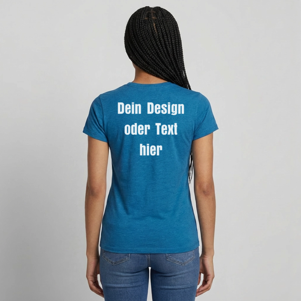 Frauen T-Shirt - personalisierbare Vorder- und Rückseite - Antikblaues Saphir meliert