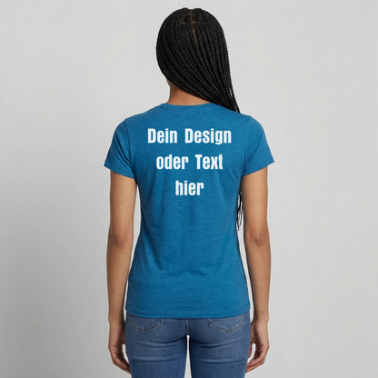 Frauen T-Shirt - personalisierbare Vorder- und Rückseite - Antikblaues Saphir meliert
