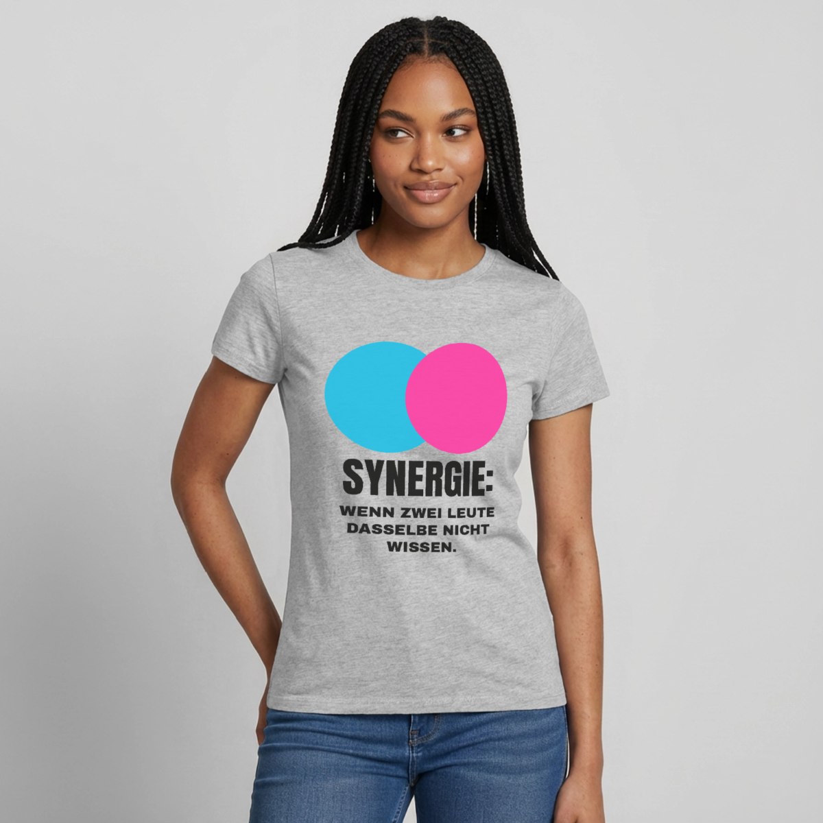 Synergie: Wenn zwei Leute dasselbe nicht wissen. Motiv-T-Shirt für Frauen, Farbe Grau meliert, Model