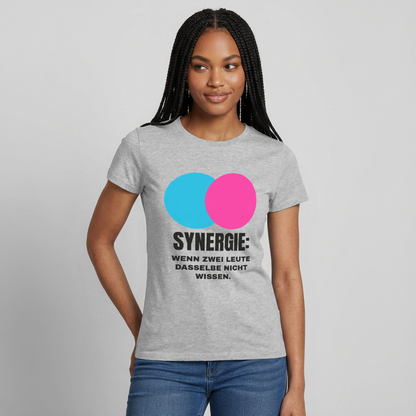 Synergie: Wenn zwei Leute dasselbe nicht wissen. Motiv-T-Shirt für Frauen, Farbe Grau meliert, Model