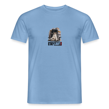 "ETA? Läuft! Bürokatzen-Motiv" Motiv-T-Shirt für Männer, Farbe Carolina Blue