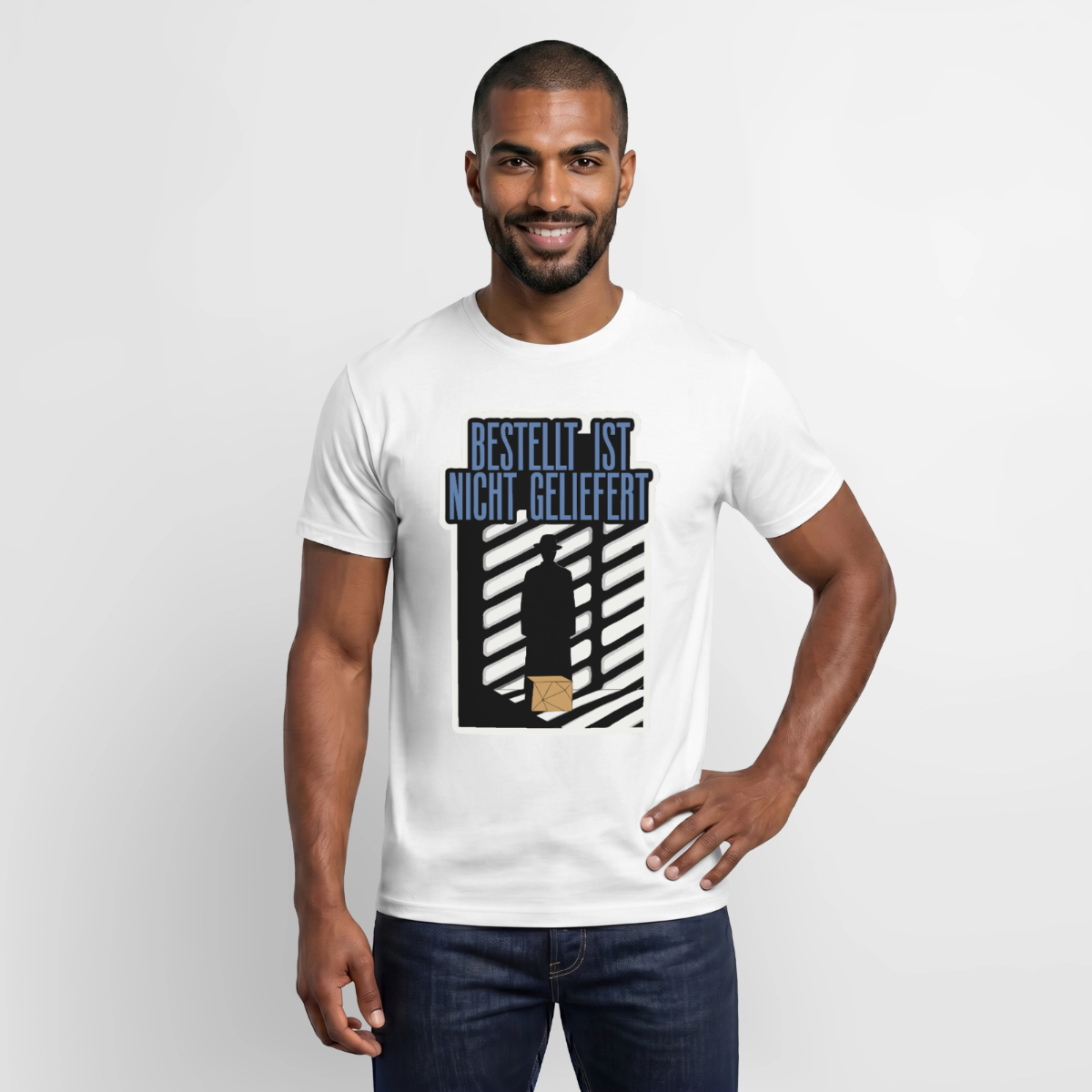 "Bestellt ist nicht geliefert. Film-noir-Motiv" Motiv-T-Shirt für Männer, Farbe Weiß