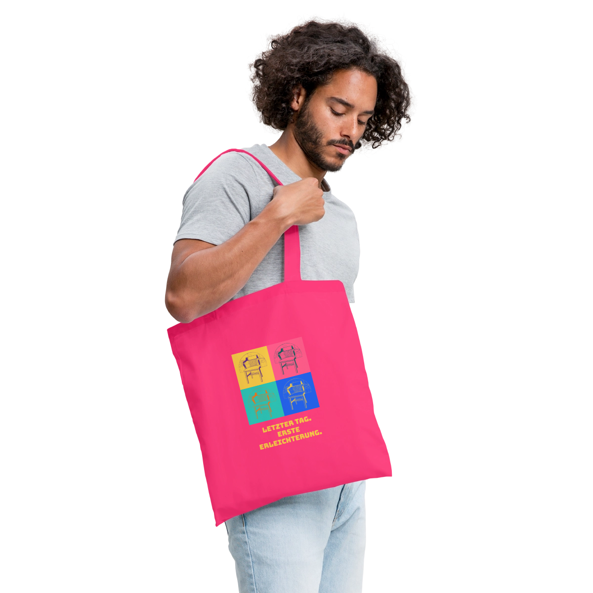 "Letzter Tag. Erste Erleichterung. Popart-Motiv" Stoffbeutel, Farbe Azalea, Model