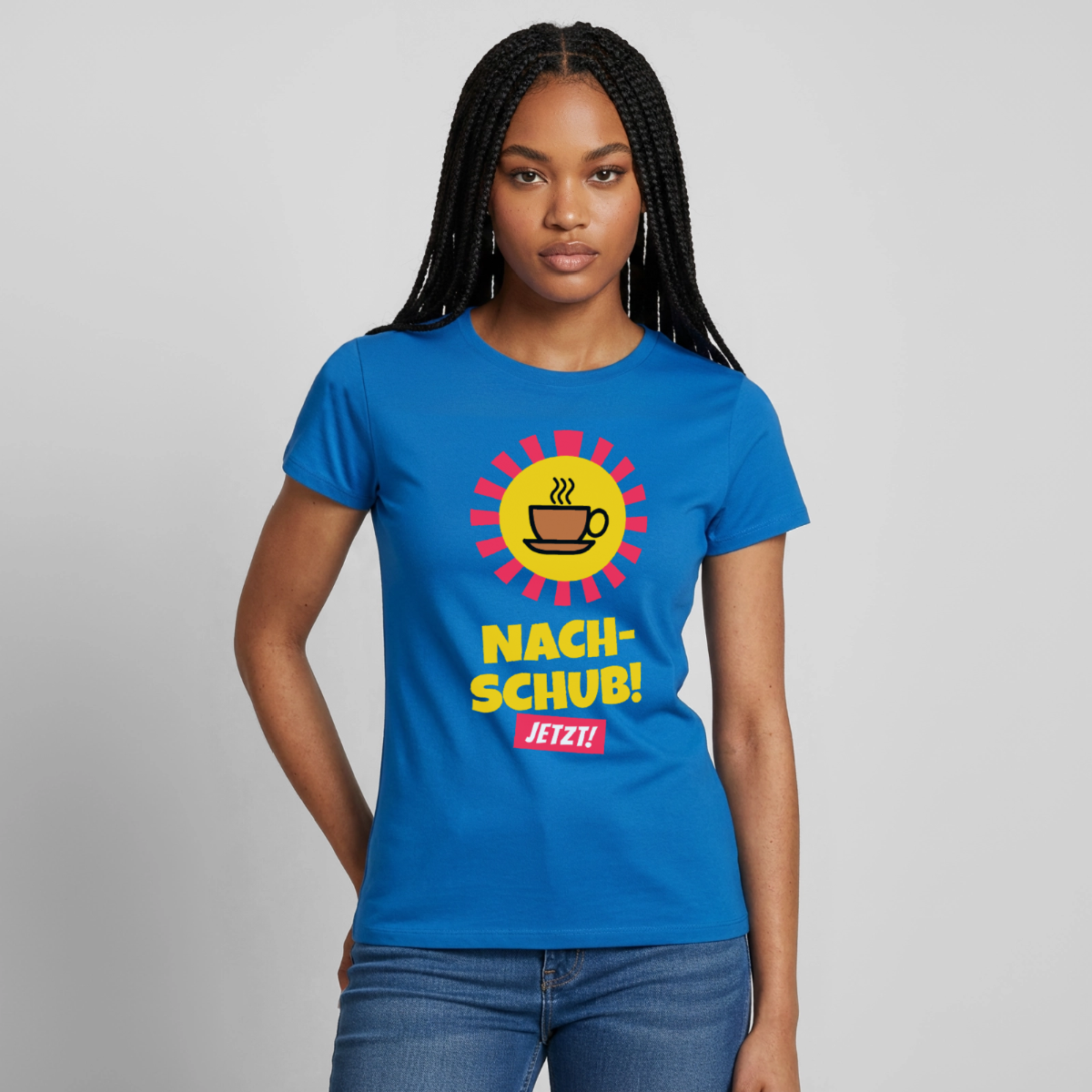 "Nachschub! Jetzt!" Motiv-T-Shirt für Frauen, Farbe Royalblau