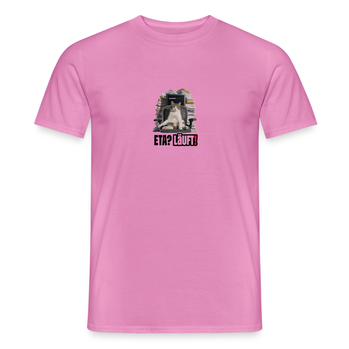 "ETA? Läuft! Bürokatzen-Motiv" Motiv-T-Shirt für Männer, Farbe Pink
