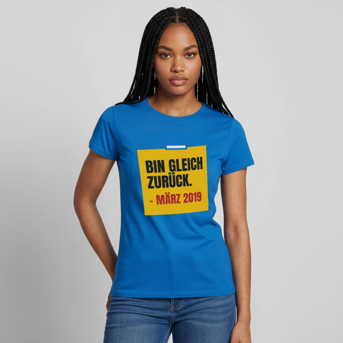"Bin gleich zurück. März 2019" Motiv-T-Shirt für Frauen, Farbe Royalblau