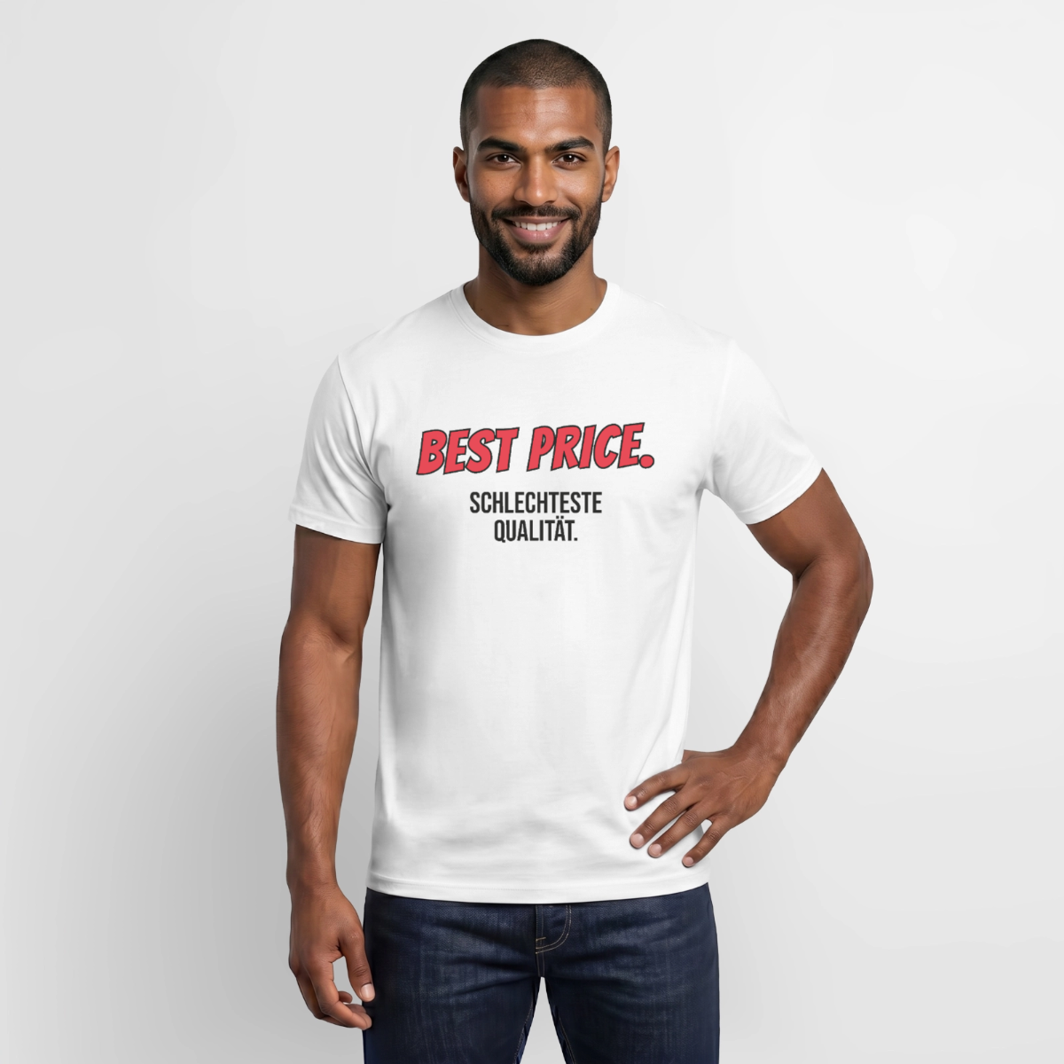 "Best Price. Schlechteste Qualität." Motiv-T-Shirt für Männer, Farbe Weiß