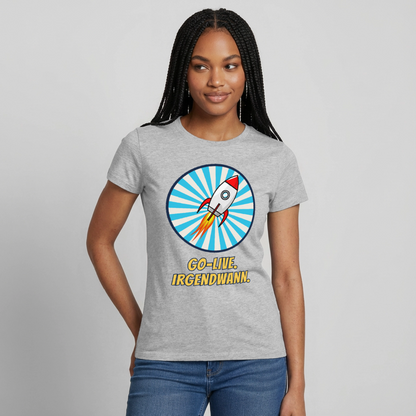 Go-Live. Irgendwann. Comic-Motiv Motiv-T-Shirt für Frauen, Farbe Grau meliert, Model