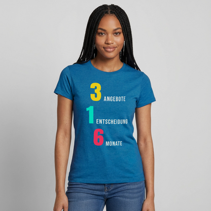 "3 Angebote. 1 Entscheidung. 6 Monate." Motiv-T-Shirt für Frauen, Farbe Antikblaues Saphir meliert