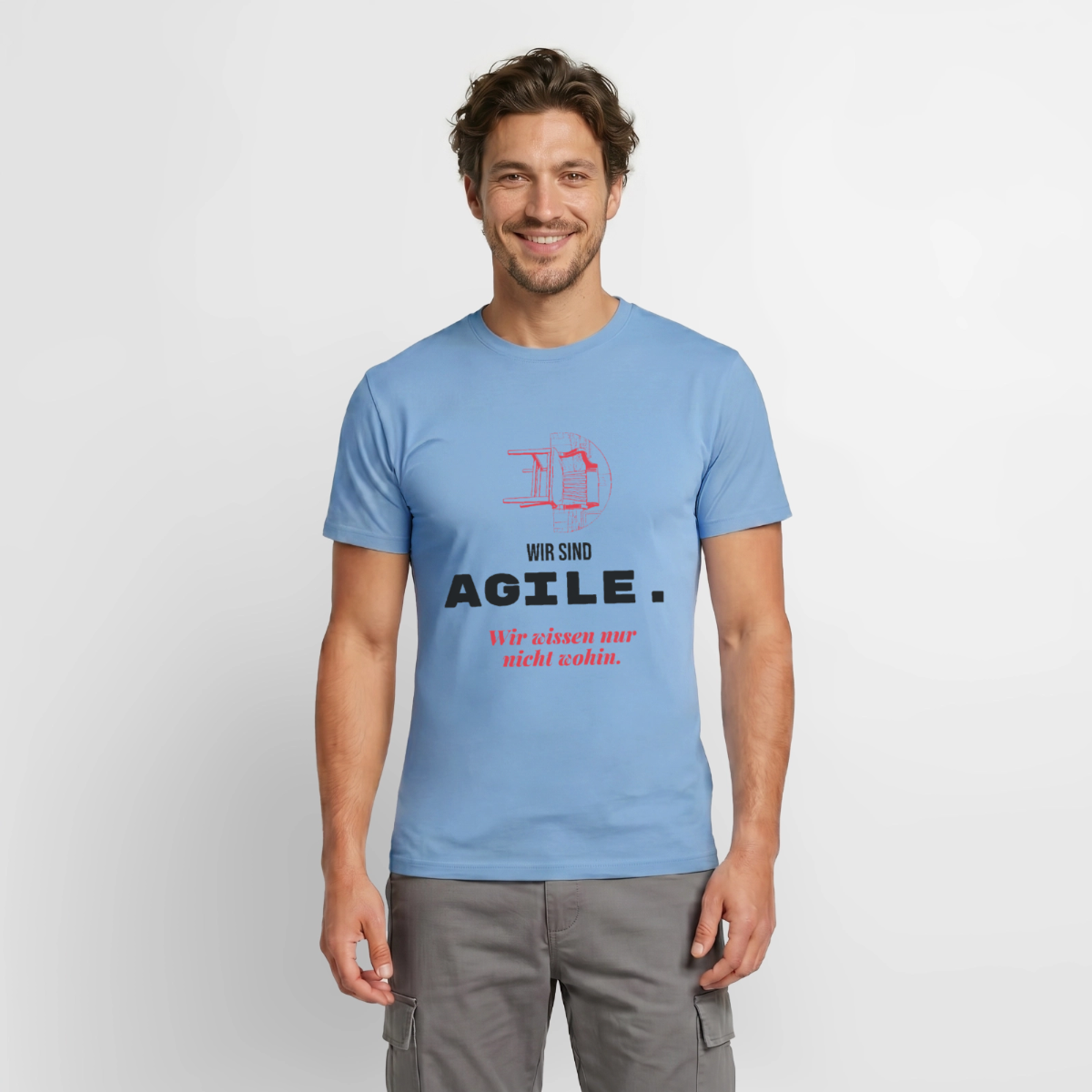 Wir sind agile. Wir wissen nur nicht wohin. Motiv-T-Shirt für Männer, Farbe Carolina Blue, Model