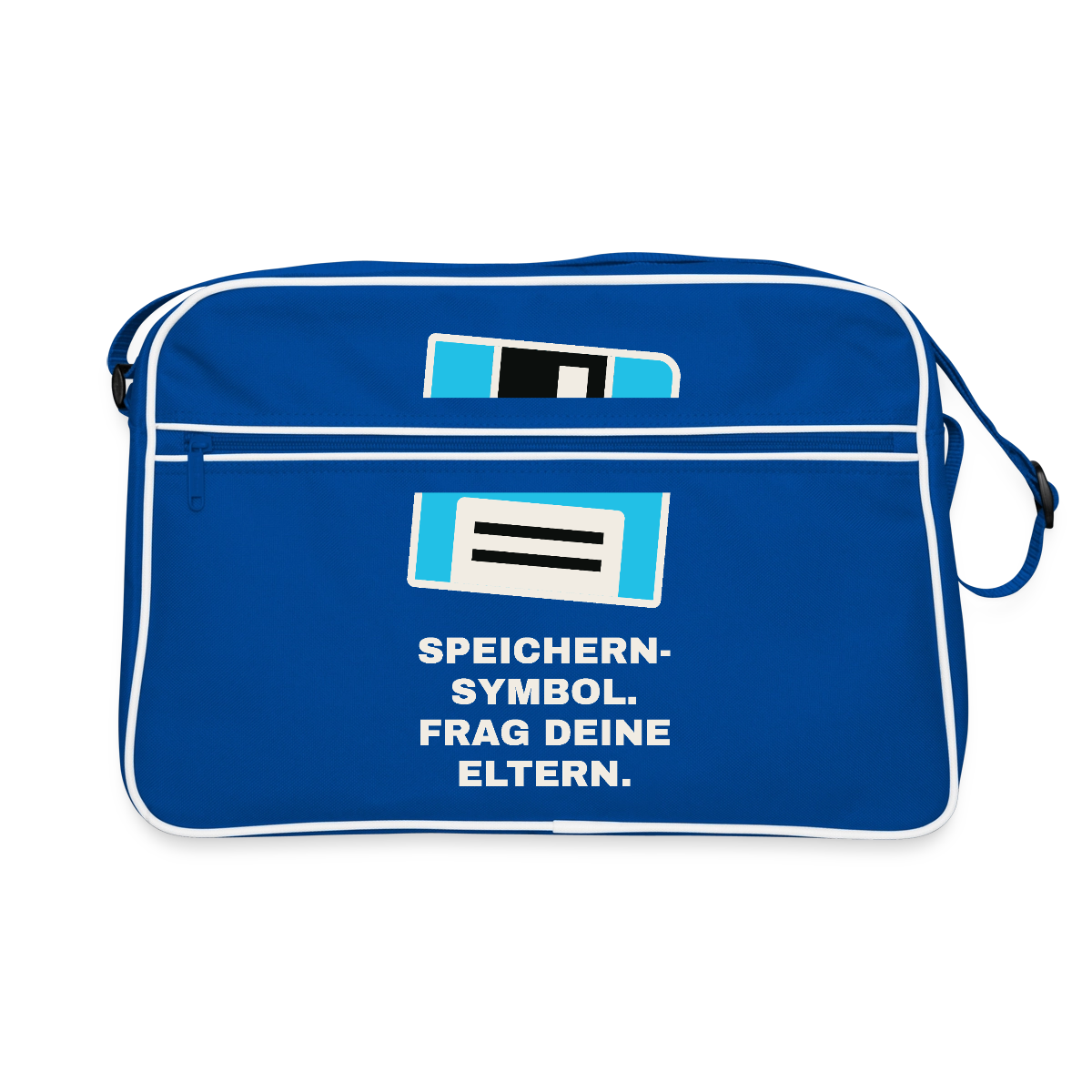 "Speichern-Symbol. Frag deine Eltern." Motiv-Retro-Tasche, Farbe Blau/Weiß