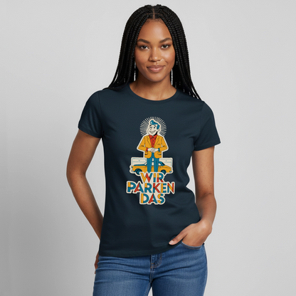 "Wir parken das. Midcentury-Motiv" Motiv-T-Shirt für Frauen, Farbe Navy