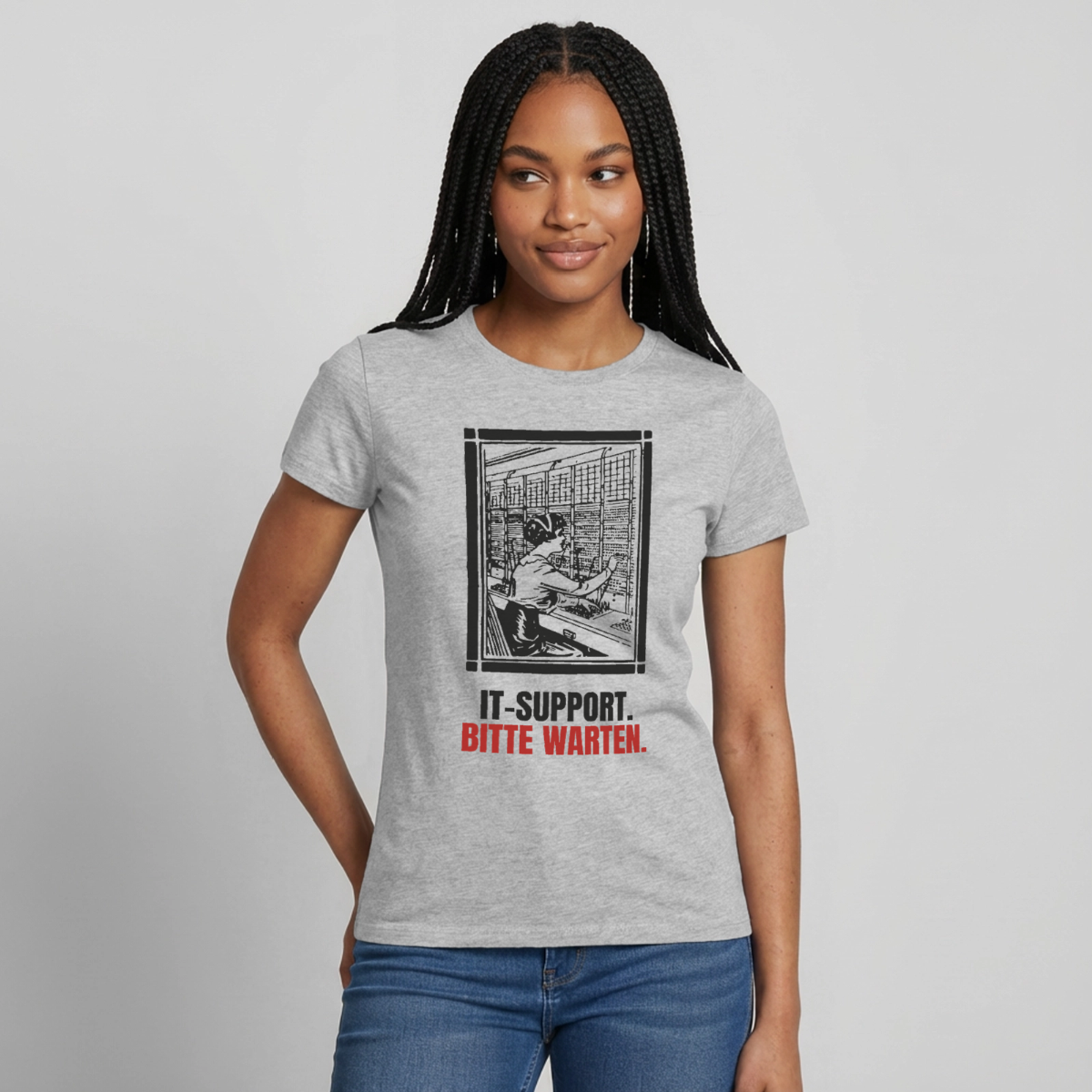 IT-Support. Bitte warten. Motiv-T-Shirt für Frauen, Farbe Grau meliert, Model