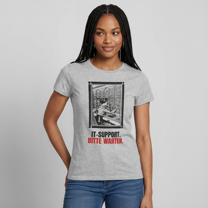 IT-Support. Bitte warten. Motiv-T-Shirt für Frauen, Farbe Grau meliert, Model