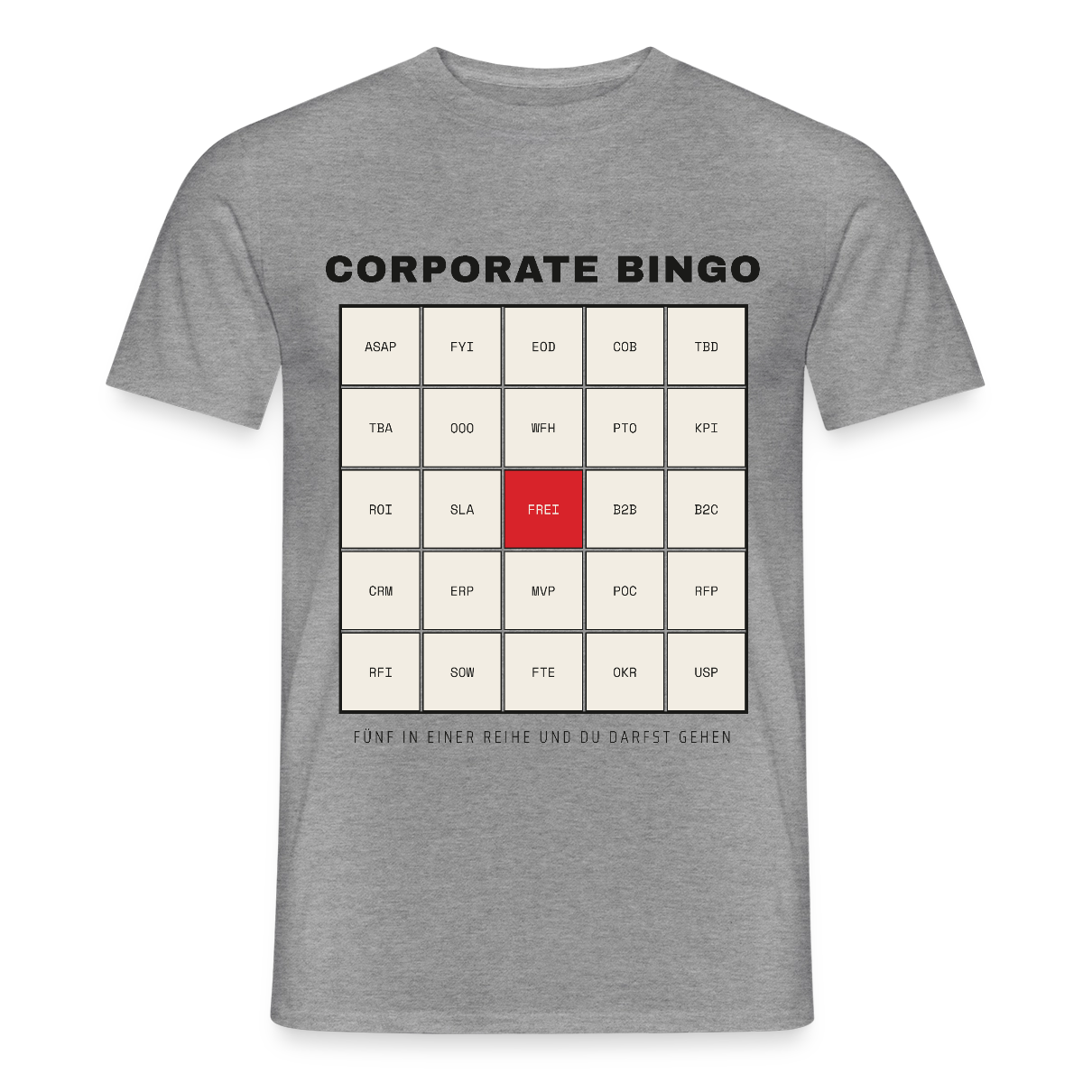 Corporate Bingo. Fünf in einer Reihe. Motiv-T-Shirt für Männer, Farbe Graphit meliert