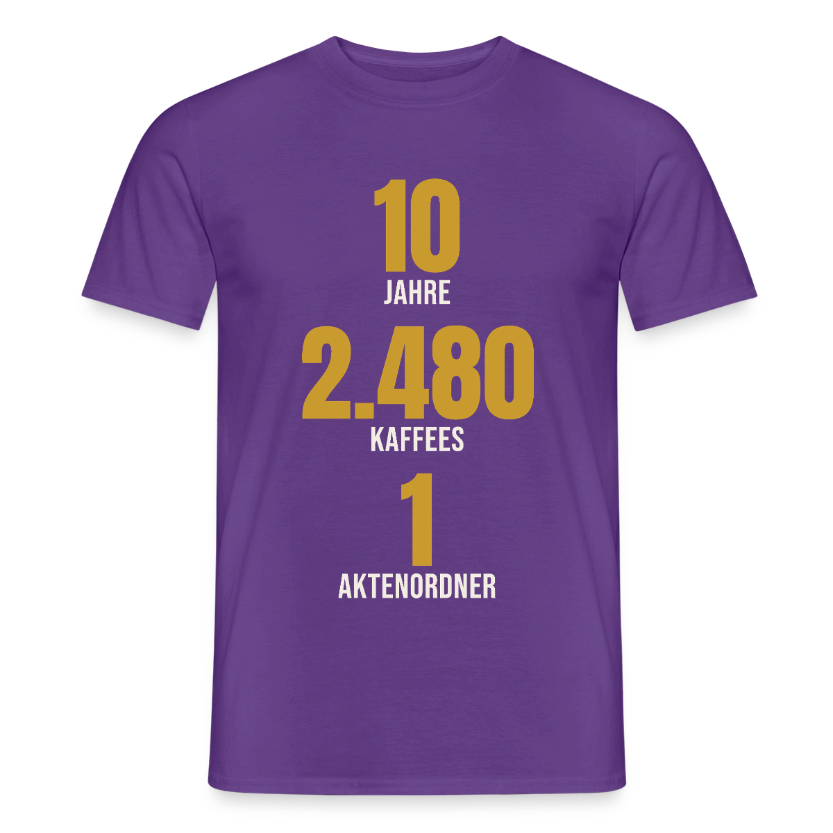 "10 Jahre, 2.480 Kaffees, 1 Aktenordner" Motiv-T-Shirt für Männer, Farbe Lila