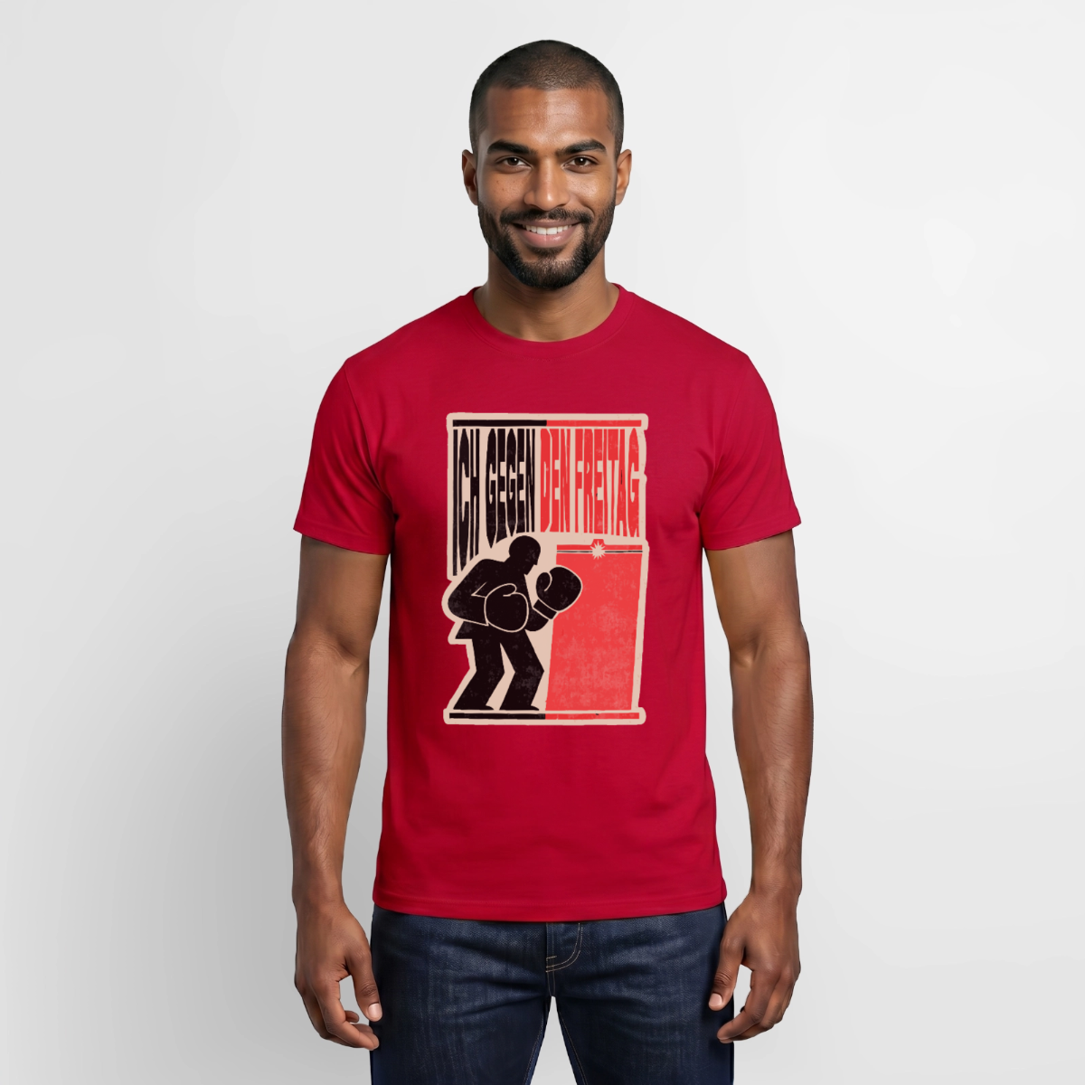 "Ich gegen den Freitag. Boxplakat-Motiv" Motiv-T-Shirt für Männer, Farbe Rot
