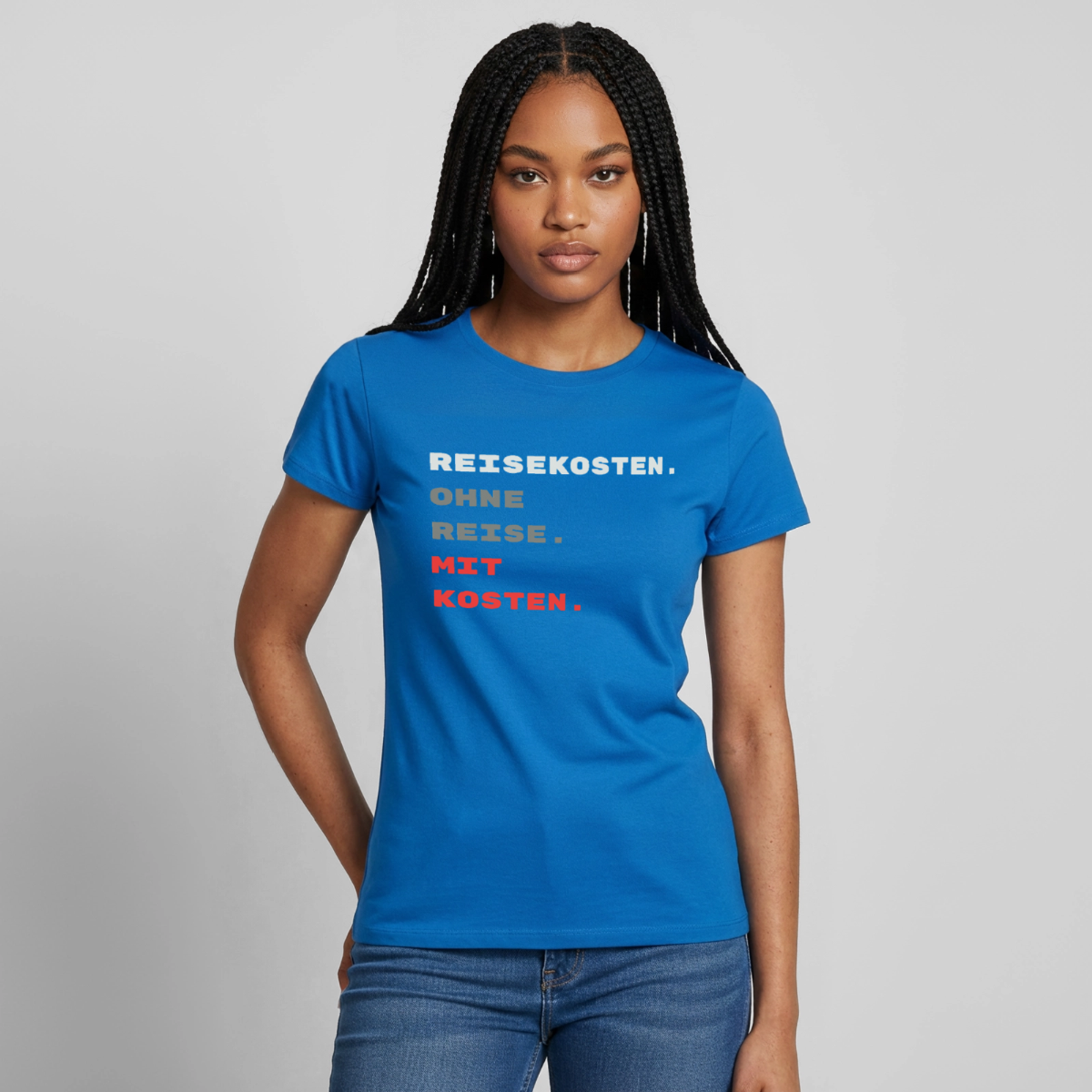 "Reisekosten. Ohne Reise. Mit Kosten." Motiv-T-Shirt für Frauen, Farbe Royalblau