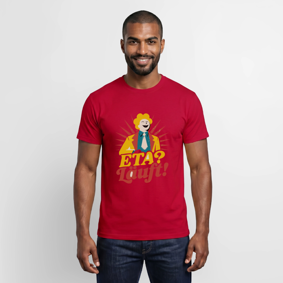 "ETA? Läuft! Midcentury-Motiv" Motiv-T-Shirt für Männer, Farbe Rot