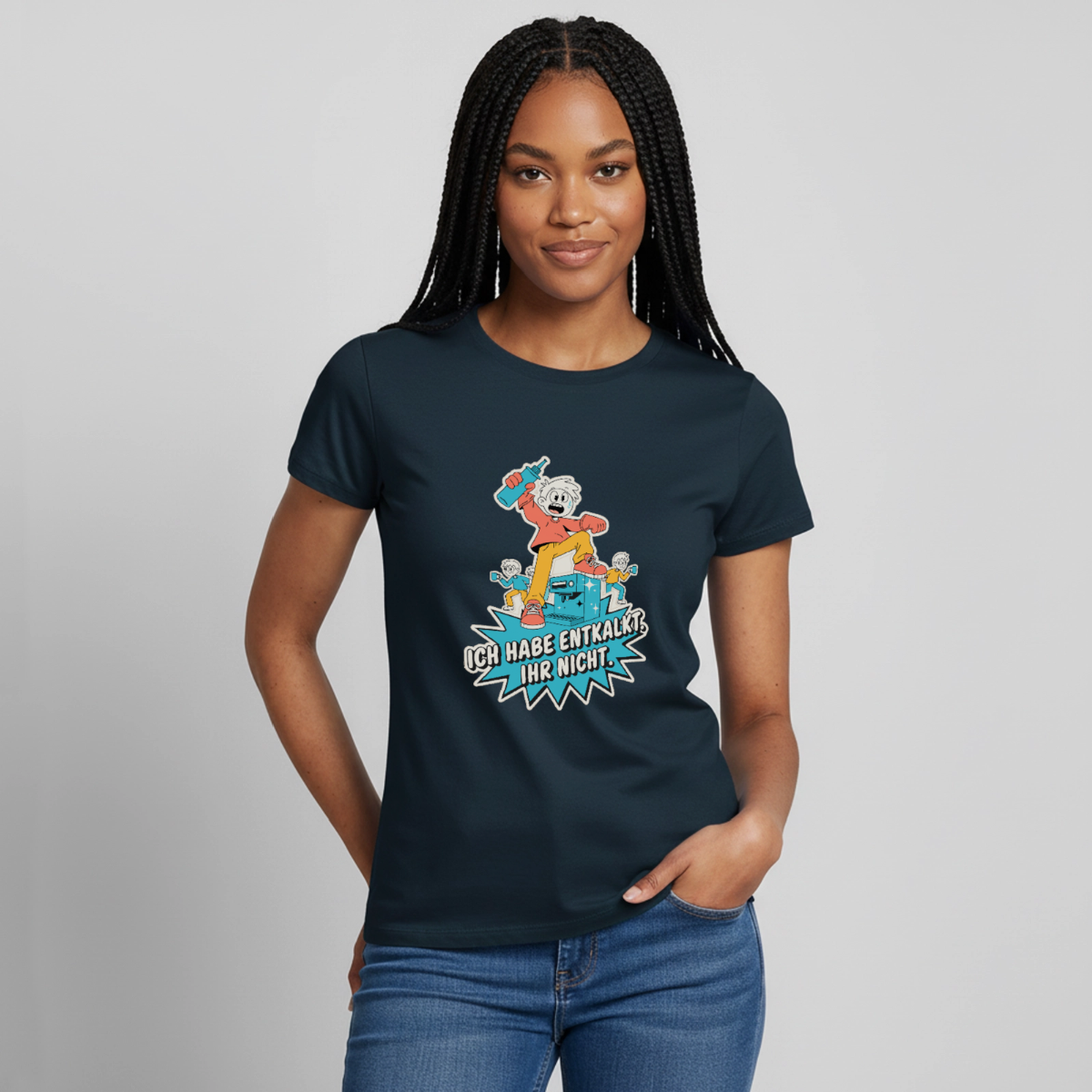 Ich habe entkalkt. Ihr nicht. Cartoon-Motiv Motiv-T-Shirt für Frauen, Farbe Navy, Model