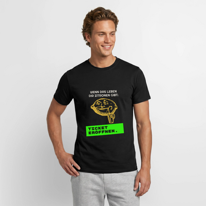 "Wenn das Leben dir Zitronen gibt: Ticket eröffnen." Motiv-T-Shirt für Männer, Farbe Schwarz, Model