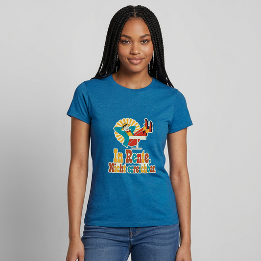 "In Rente. Nicht erreichbar. Midcentury-Motiv" Motiv-T-Shirt für Frauen, Farbe Antikblaues Saphir meliert
