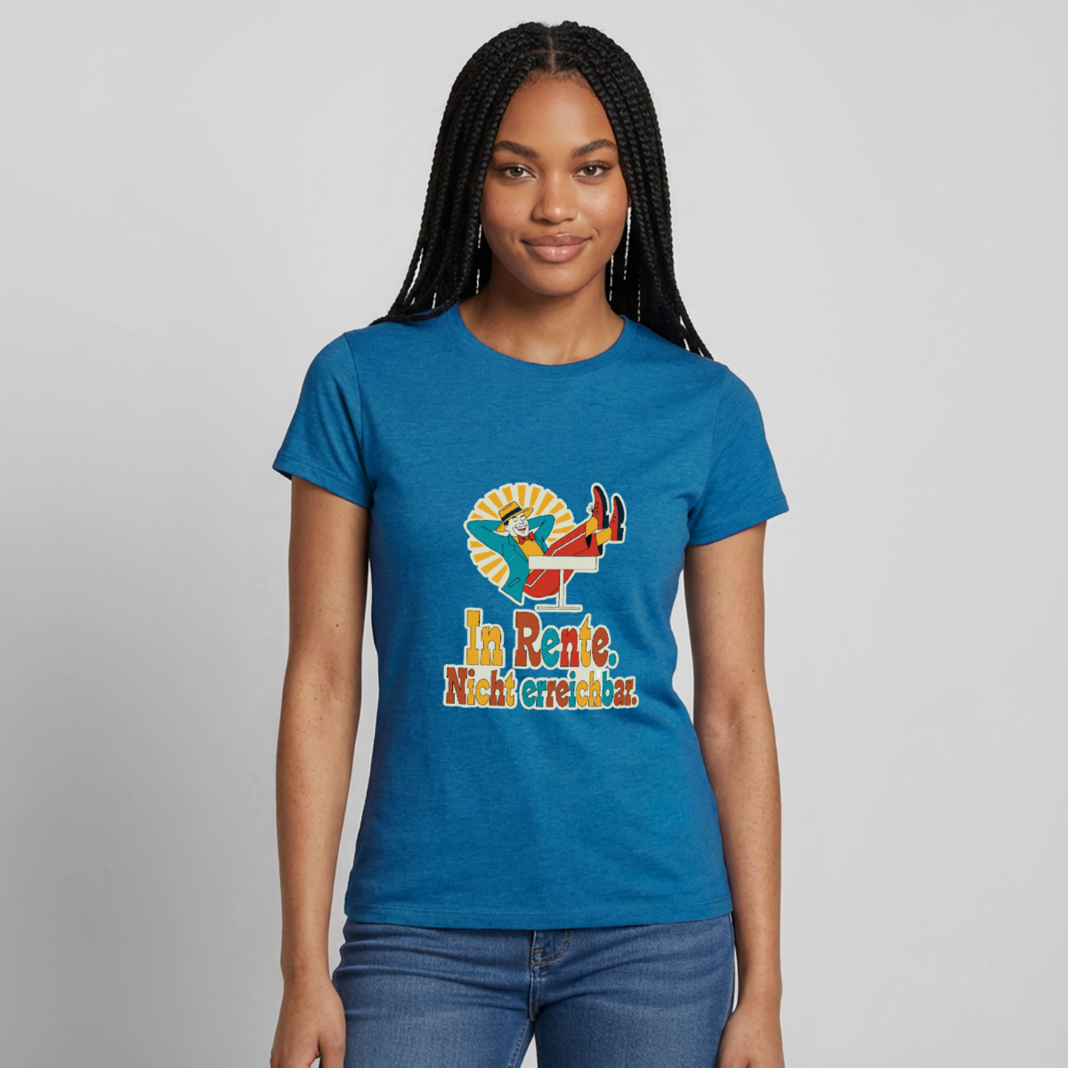 "In Rente. Nicht erreichbar. Midcentury-Motiv" Motiv-T-Shirt für Frauen, Farbe Antikblaues Saphir meliert