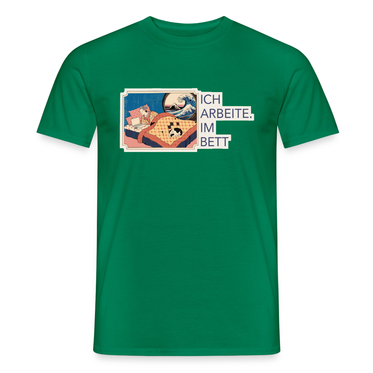 Ich arbeite. Im Bett. Motiv-T-Shirt für Männer, Farbe Kelly Green
