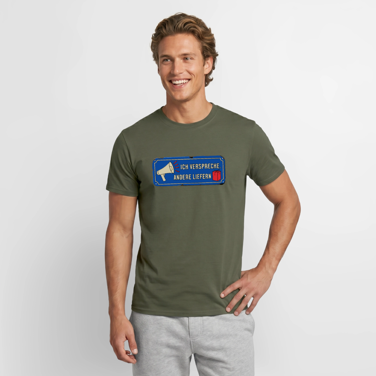 Ich verspreche. Andere liefern. Motiv-T-Shirt für Männer, Farbe Militärgrün, Model