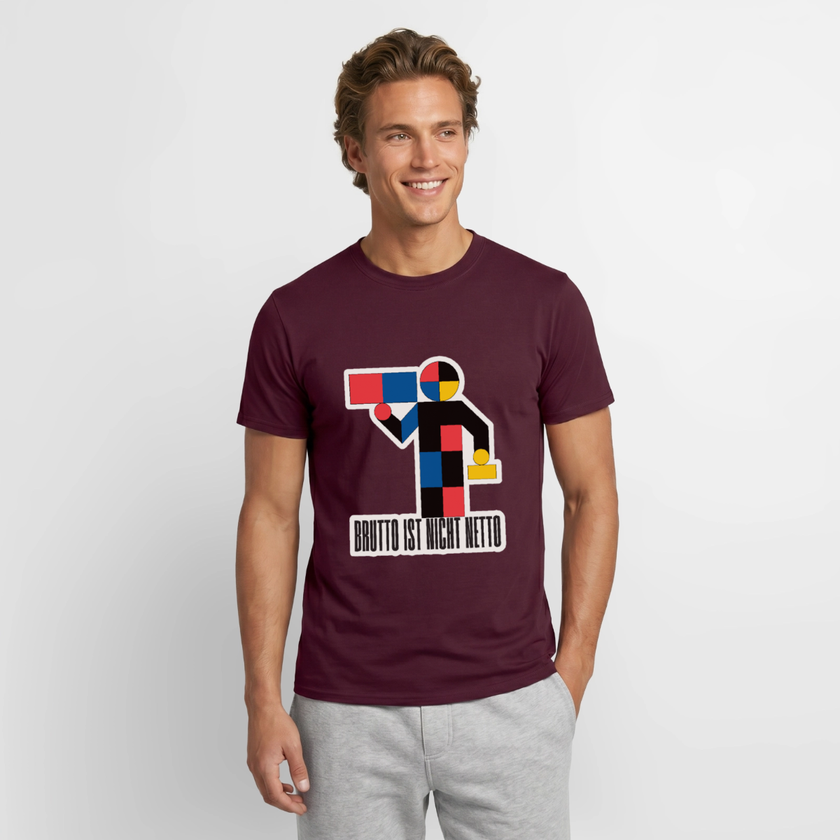 "Brutto ist nicht Netto. Bauhaus-Motiv" Motiv-T-Shirt für Männer, Farbe Ziegelrot