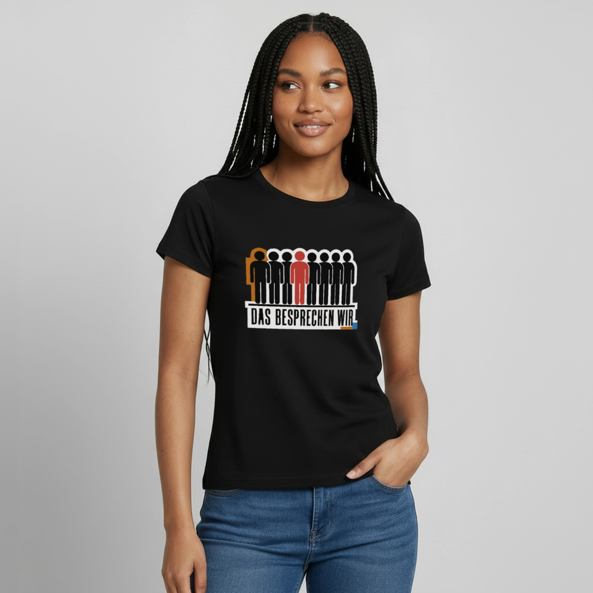 "Das besprechen wir. Isotype-Motiv" Motiv-T-Shirt für Frauen, Farbe Schwarz, Model