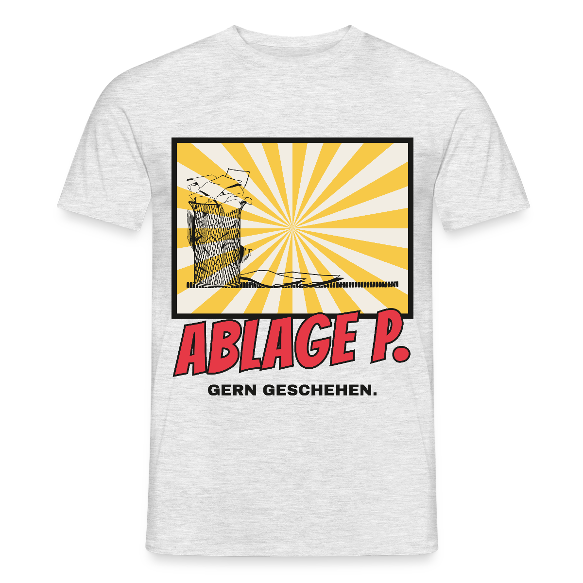 Ablage P. Gern geschehen. Comic-Motiv Motiv-T-Shirt für Männer, Farbe Grau meliert, Model