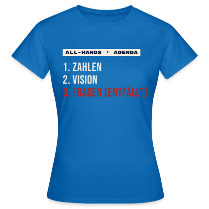 All-Hands-Agenda: 1 Zahlen, 2 Vision, 3 Fragen (entfällt) Motiv-T-Shirt für Frauen, Farbe Royalblau