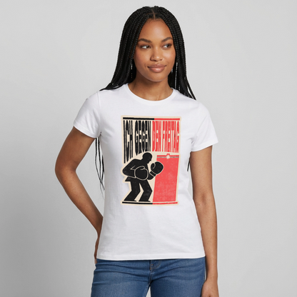 "Ich gegen den Freitag. Boxplakat-Motiv" Motiv-T-Shirt für Frauen, Farbe Weiß