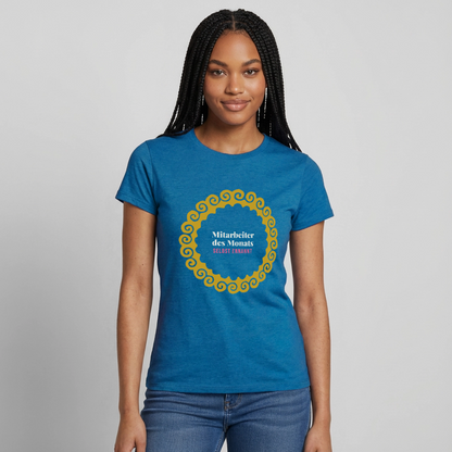 "Mitarbeiter des Monats, selbst ernannt. Gold-Motiv" Motiv-T-Shirt für Frauen, Farbe Antikblaues Saphir meliert