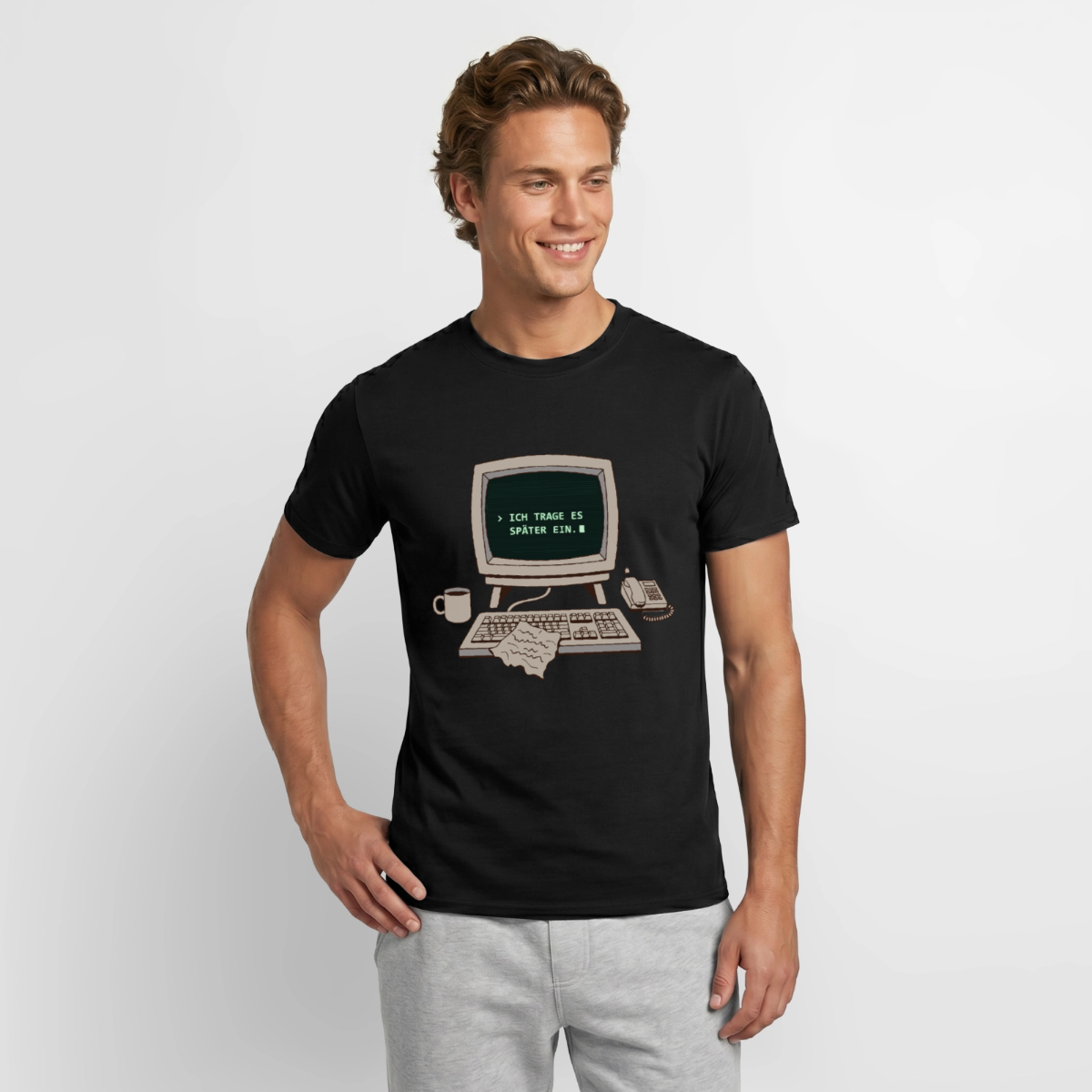 Ich trage es später ein. Motiv-T-Shirt für Männer, Farbe Schwarz, Model