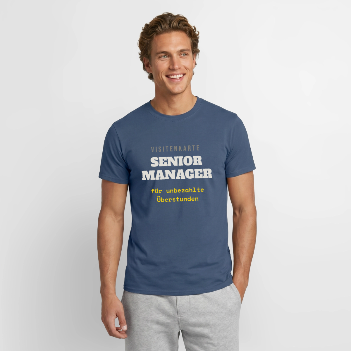 "Senior Manager für unbezahlte Überstunden" Motiv-T-Shirt für Männer, Farbe Dunkles Denimblau