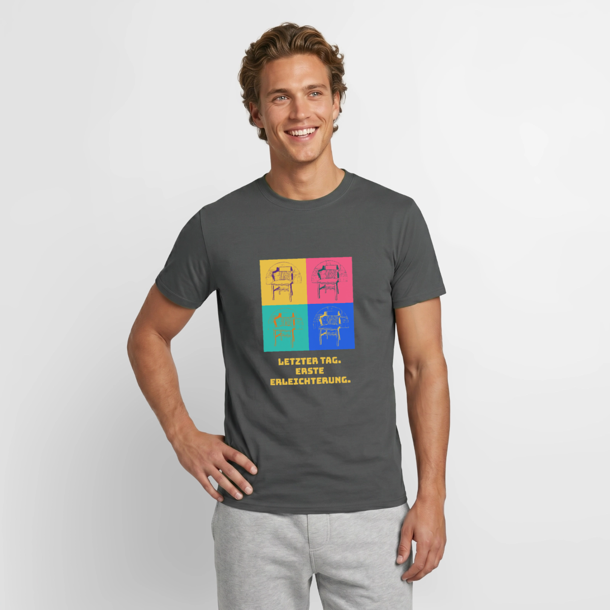 "Letzter Tag. Erste Erleichterung. Popart-Motiv" Motiv-T-Shirt für Männer, Farbe Anthrazit