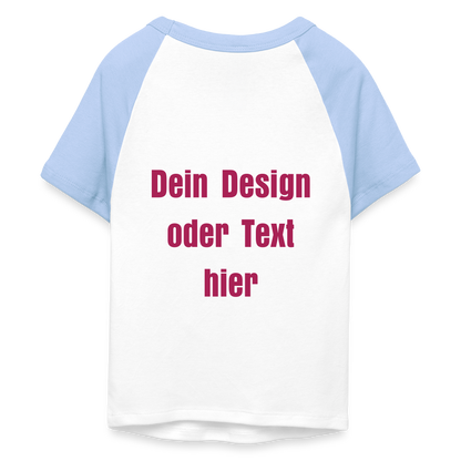 Frauen Cropped Baseball T-Shirt - personalisierbare Vorder- und Rückseite - Weiß/Hellblau