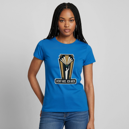 "Licht aus. Ich auch. Art-déco-Motiv" Motiv-T-Shirt für Frauen, Farbe Royalblau